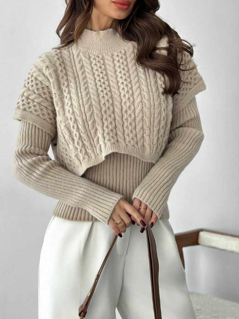 Khaki Elegant Casual Women's Long Sleeve Crew Neck Sweater 2-in-1 - Picture 4 of 7